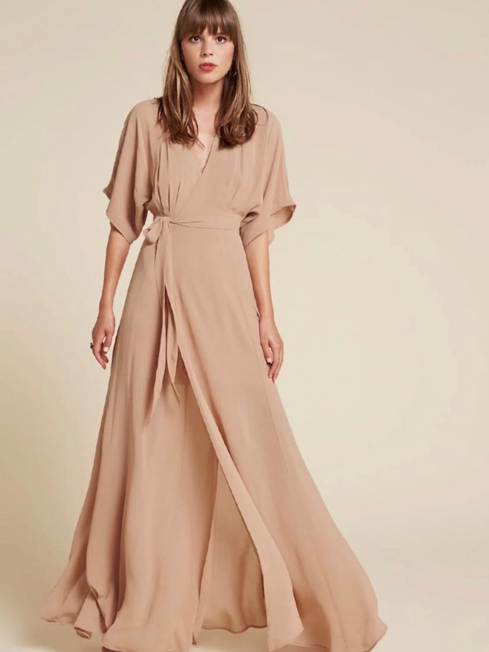 Reformation Beige Wrap Maxi Dress with Waist Tie